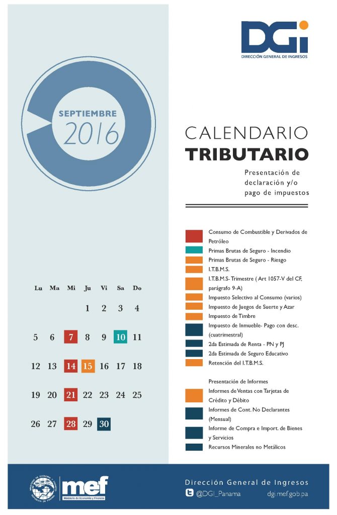Calendario de vencimiento de impuesto nacionales en el mes de septiembre 2016